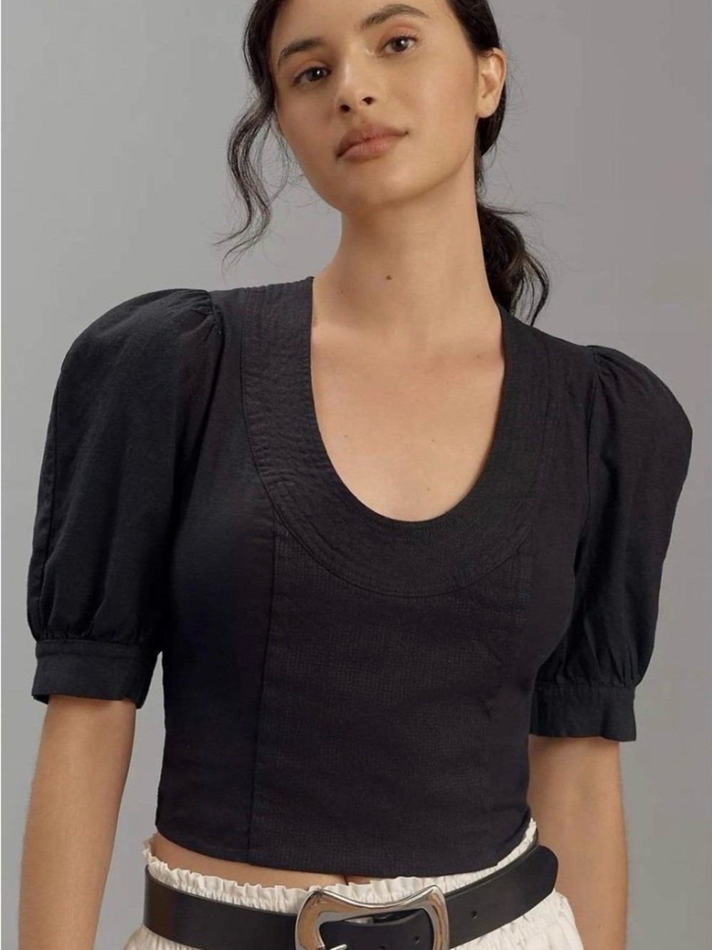 Anthropologie Black Puff-Sleeve Scoop Crop Top